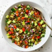 brown lentil salad served in a white bowl with a spoon