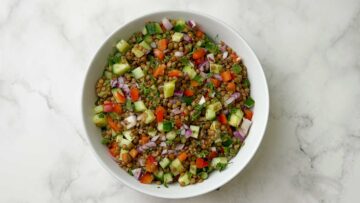 best lentil salad in a white bowl