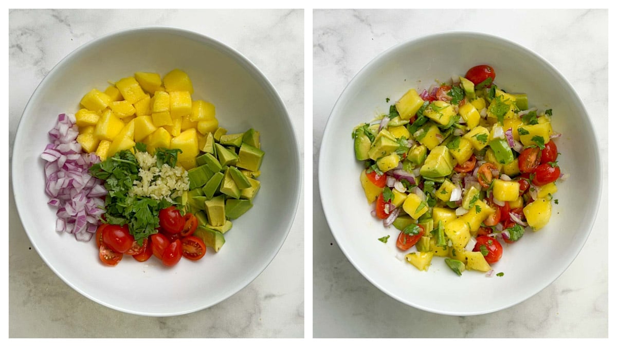 step to add all ingredients of mango avocado salad recipe in a bowl and mix collage