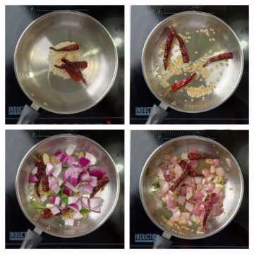 step to saute lentils and onion for tomato chutney recipe collage