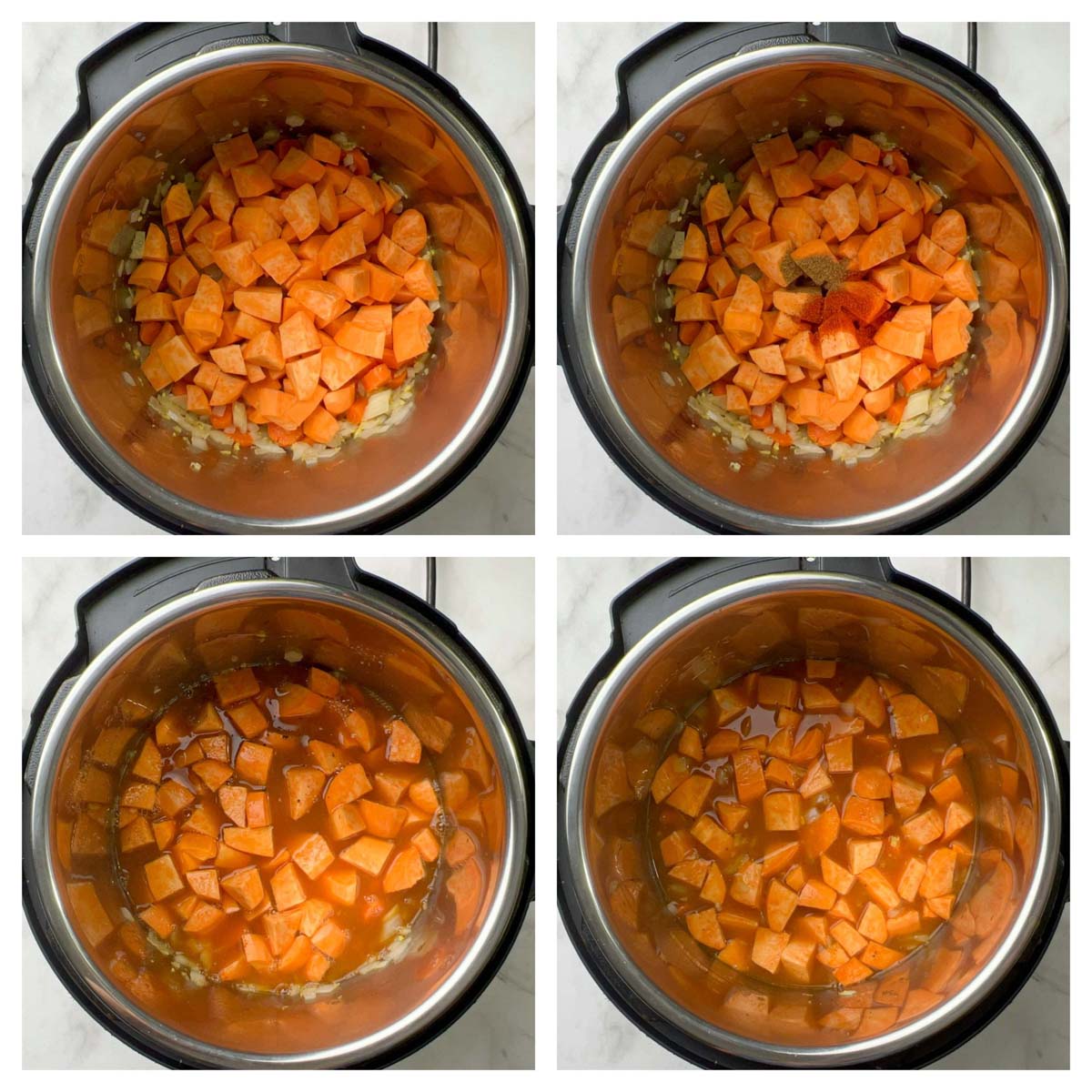 step to add sweet potatoes, spices and vegetable broth collage