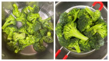 step to blanch broccoli in a pot and drain collage