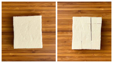 step to cut the tofu into cubes collage