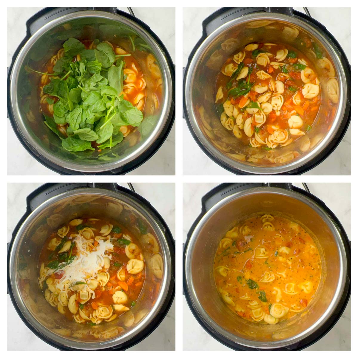 step to add spinach and heavy cream to the tortellini soup recipe collage