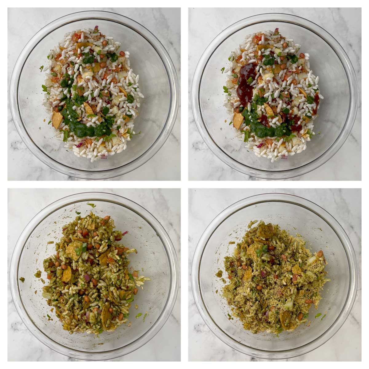 step to add chutneys to bhel puri and mix collage