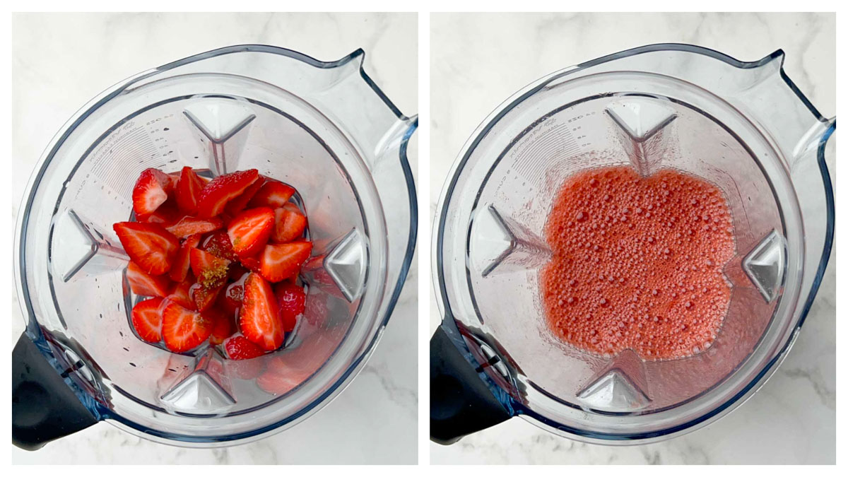 step to blend the strawberries in a high speed blender collage