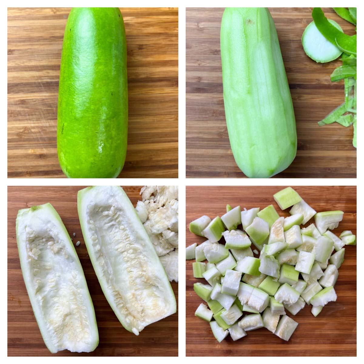 step to prepare bootle gourd by chopping them to bite sized pieces collage