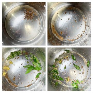 step to saute cumin seeds, ginger and curry leaves collage