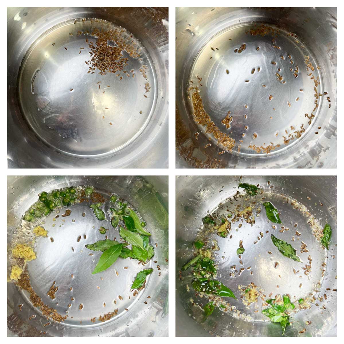 step to saute cumin seeds, ginger and curry leaves collage