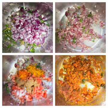 step to saute onion, tomatoes with spices for lauki sabzi collage