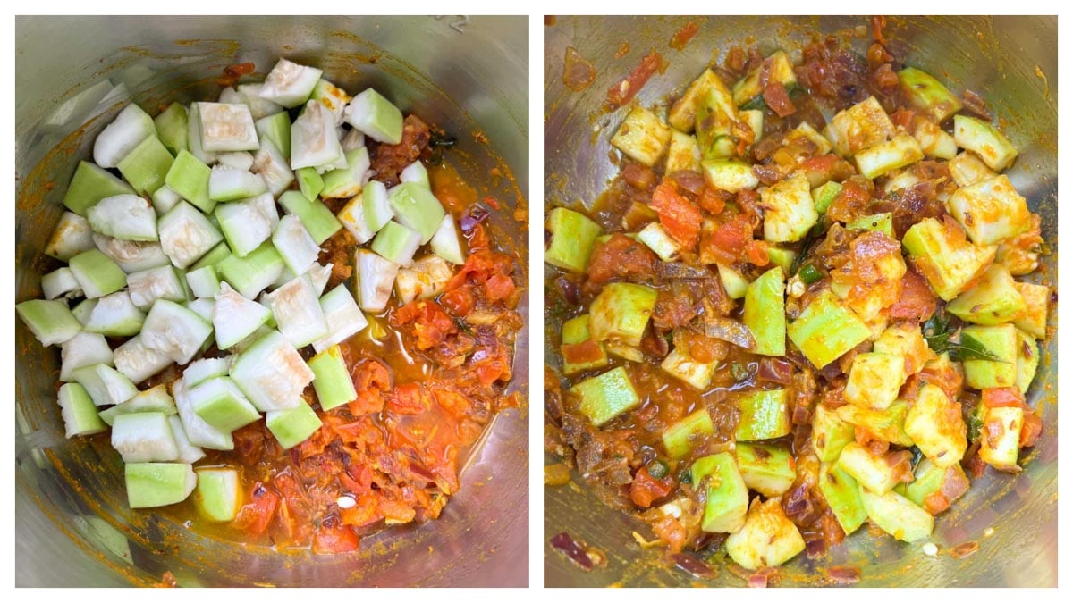 step to add lauki pieces and water in to the instant pot insert for bottle gourd curry collage