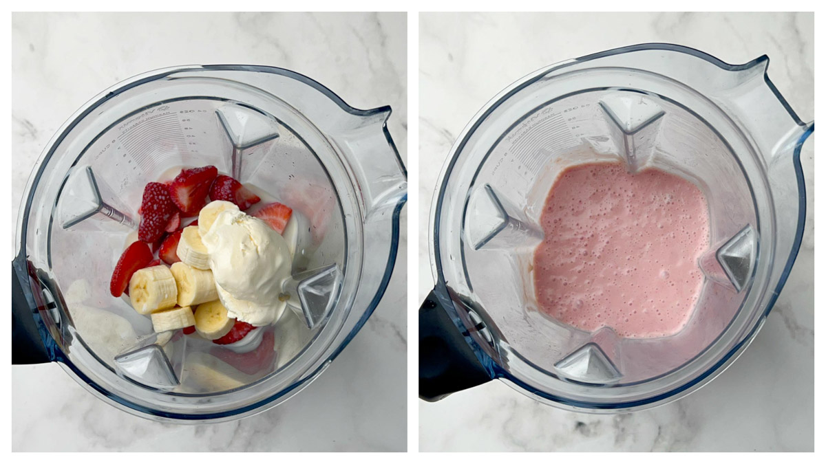 step to blend all the ingredients in a vitamix blender to make strawberry banana milkshake collage