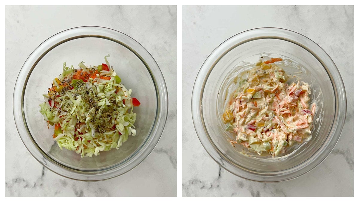 step to prepare vegetable mayonnaise mixture collage