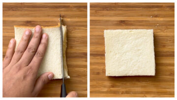 step to cut the brown edges of the bread using the knife collage