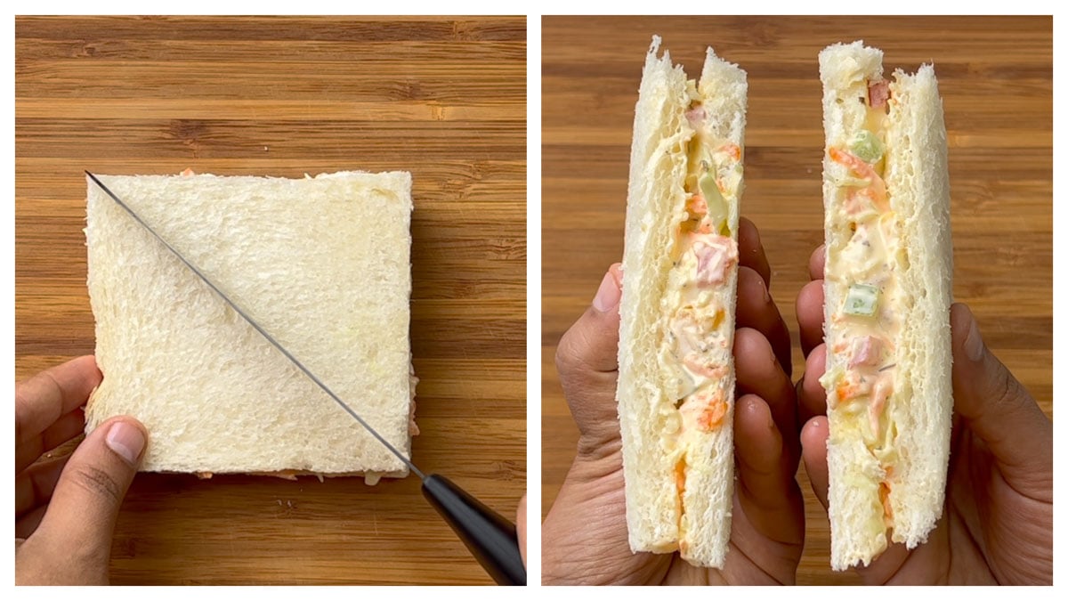 step to cut the sandwich into triangle shape collage