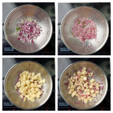 step to saute onions and potato cubes collage