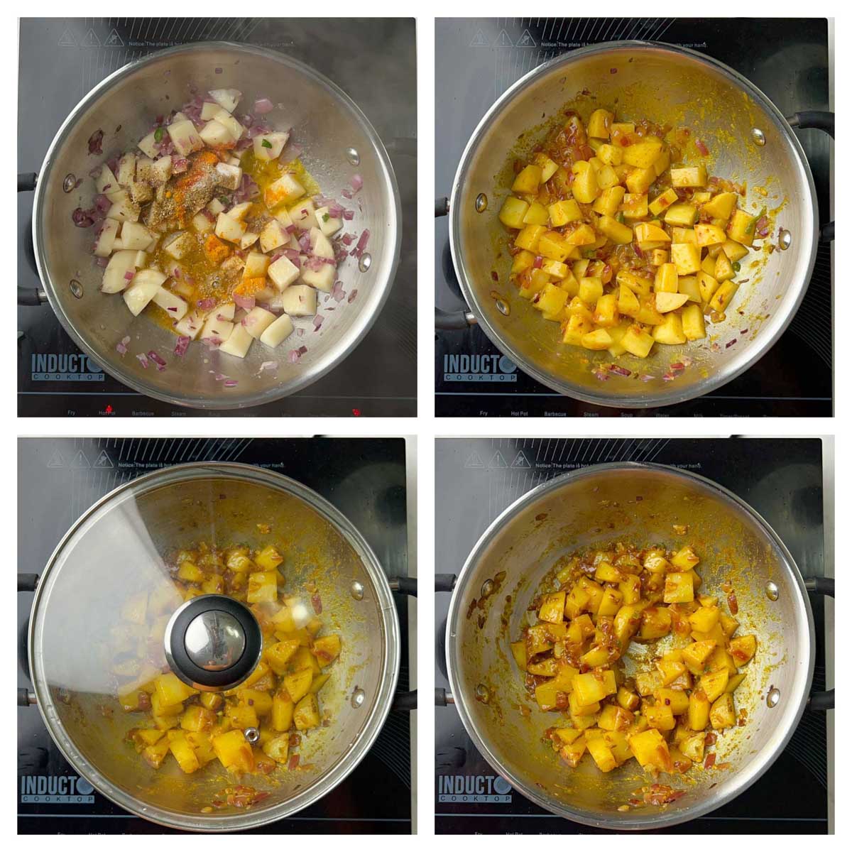 step to cook potatoes with spices and water collage