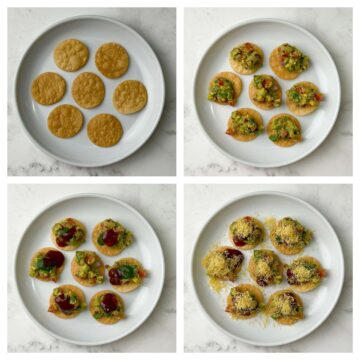 step to layer the papdi, add avocado mixture, chutneys and sev collage