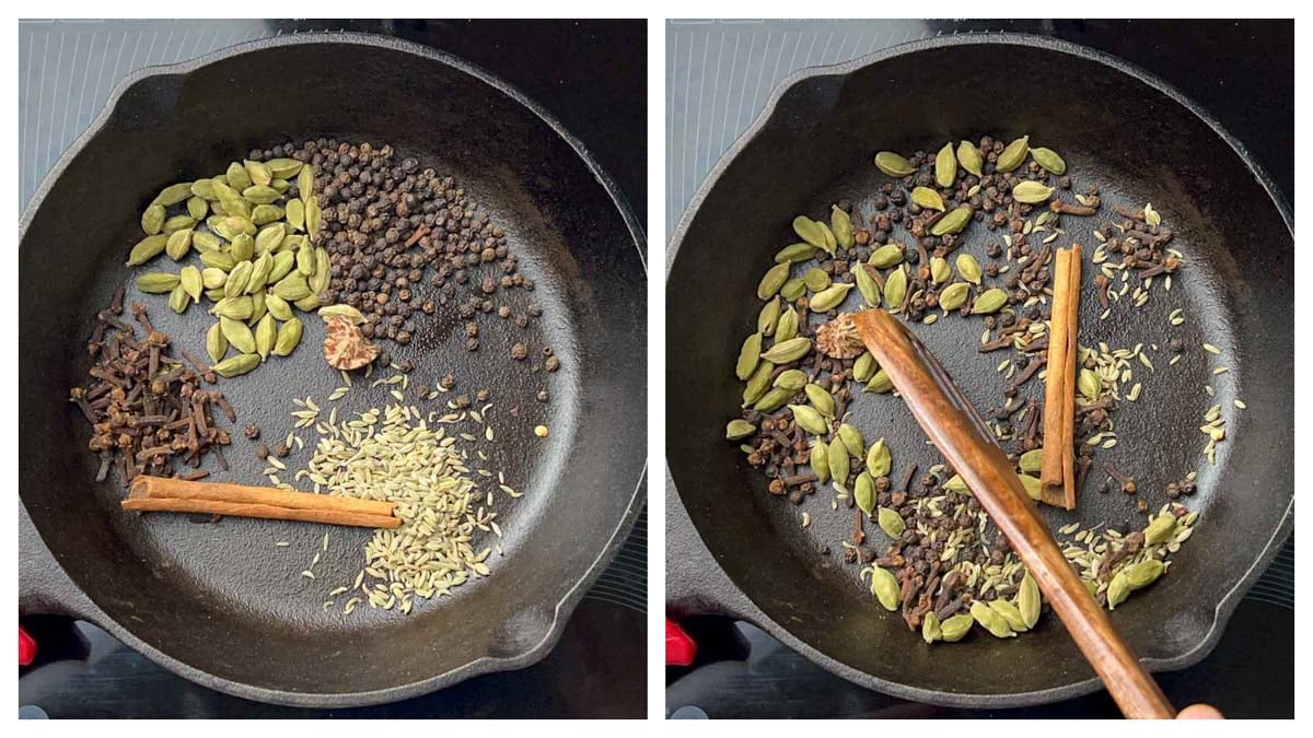 step to roast the whole spices in a iron skillet collage