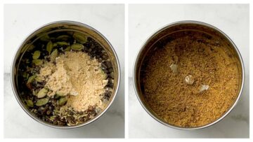 step to blend the roasted spices for chai masala powder to fine powder collage