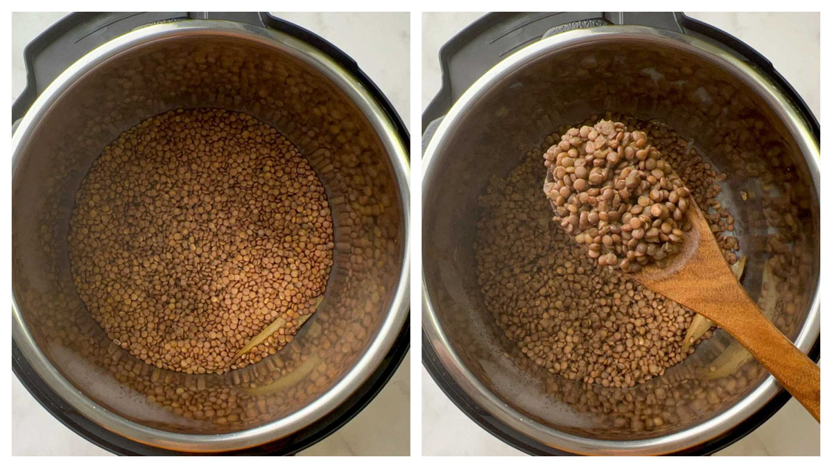 perfectly cooked brown lentils in a ladle collage