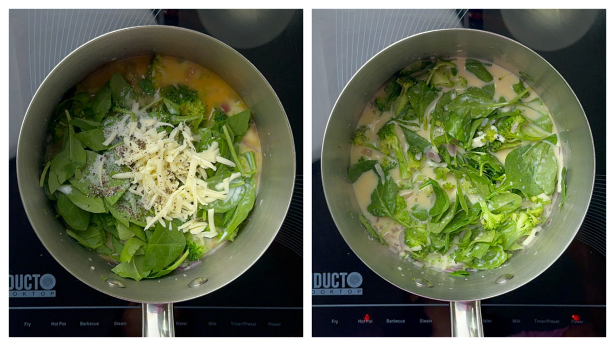step to add spinach, milk, cheese collage
