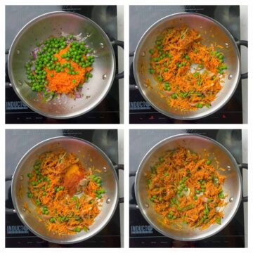 step to cook shredded carrot and peas with spices collage