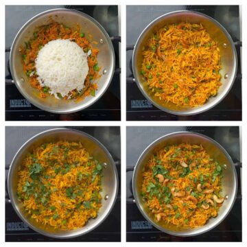 step to mix cooked basmati rice and garnish with cilantro collage