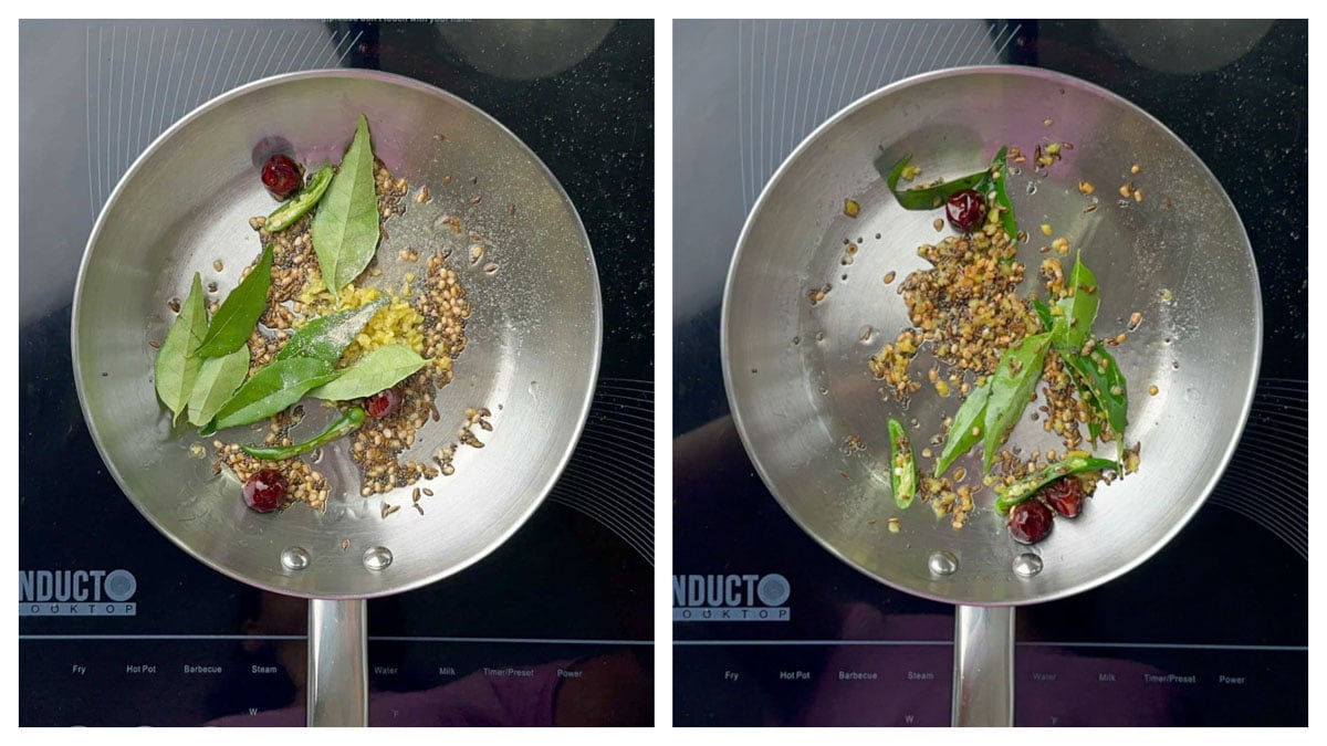 step to add curry leaves and ginger to the tempering collage 