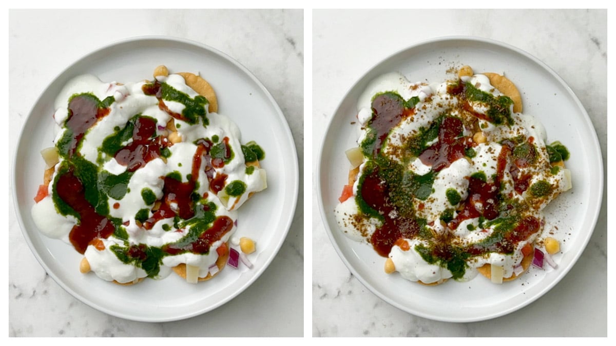 step to add green chutney and tamarind chutney on papdi collage