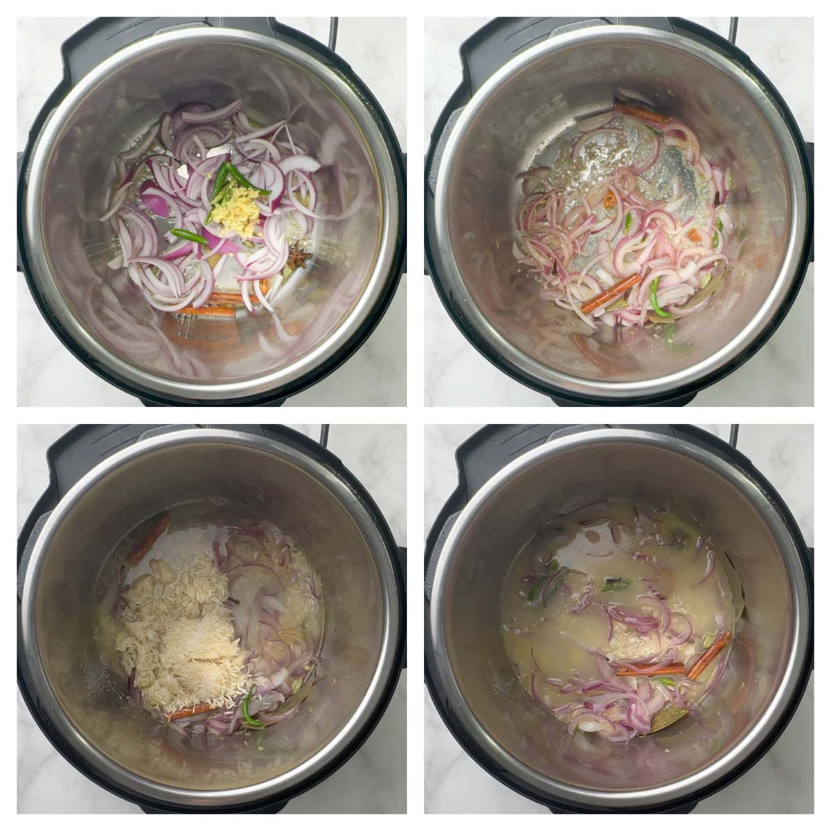 step to saute onion and add rice collage