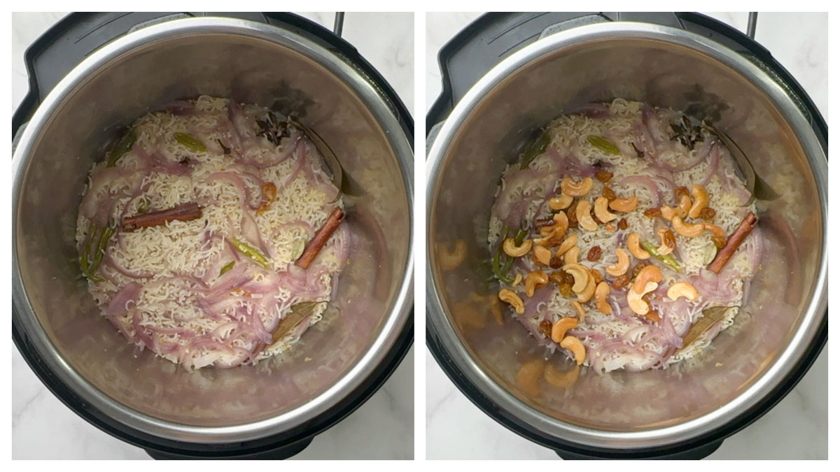 step to garnish the cooked ghee rice with roasted nuts collage