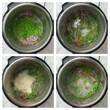 step to add green peas and basmati rice and pressure cook collage