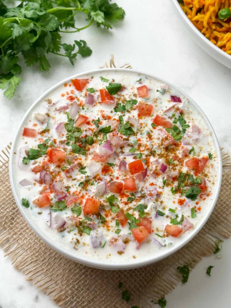 Onion Tomato Raita Recipe - Indian Veggie Delight