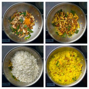 Step to add spices, roasted poha and mix well collage
