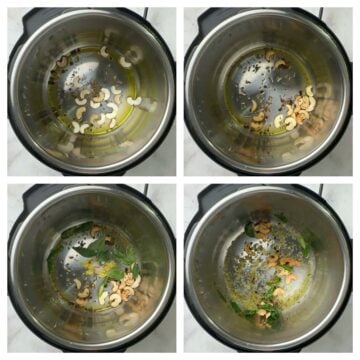 step to saute nuts and prepare tempering for instant pot pongal collage