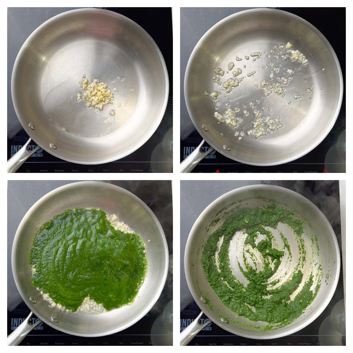 step to saute garlic and spinach puree collage