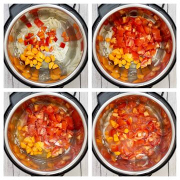 step to add the carrots, tomatoes and vegetable broth collage