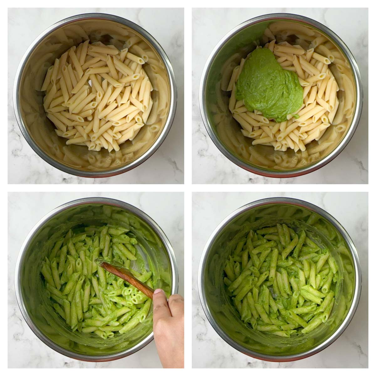 step to mix the sauce with the cooked penne collage