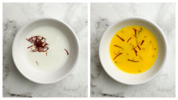 step to soak saffron strands in warm milk collage