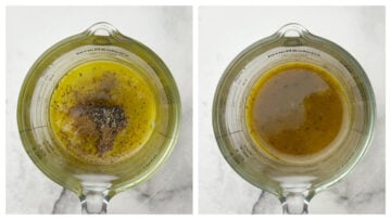 step to prepare the lemon vinaigrette dressing in a glass jar collage