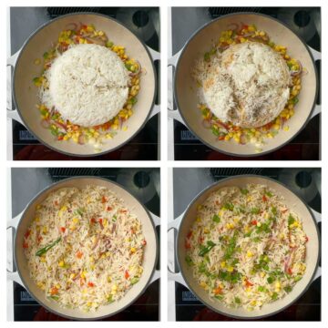 step to add the cooked basmati rice, sauces and stir fry collage