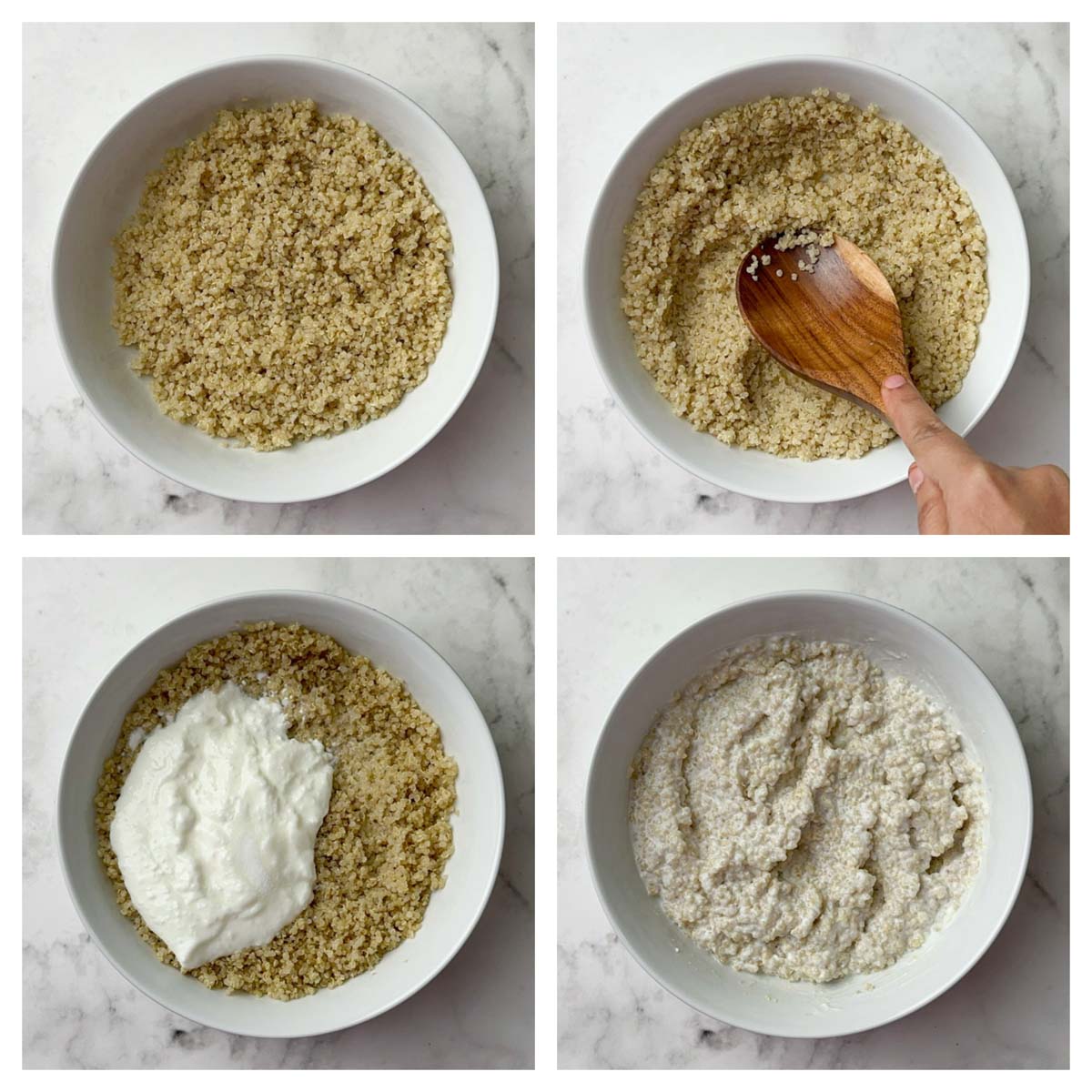 step to mash the cooked quinoa in a bowl and mix curd and milk collage
