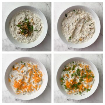 step to add add the tempering to the curd quinoa and garnish with carrot and coriander leaves collage