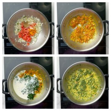 step to saute tomatoes and add blanched spinach and coconut milk collage