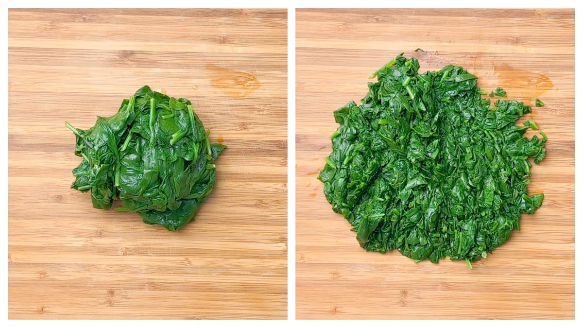 step to chop the cooked spinach collage