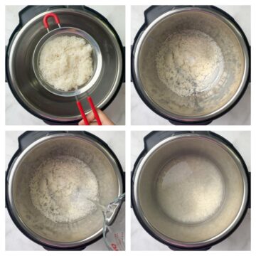step to add rinsed long grain rice and water to the pot collage