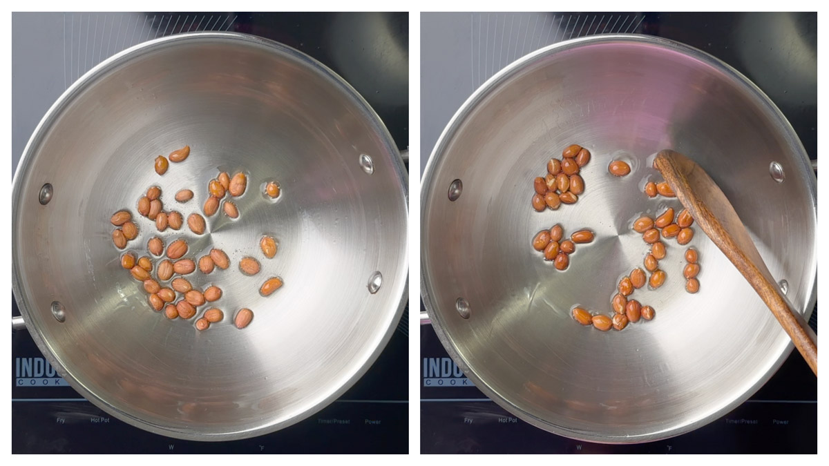 step to roast the peanuts in a kadai collage