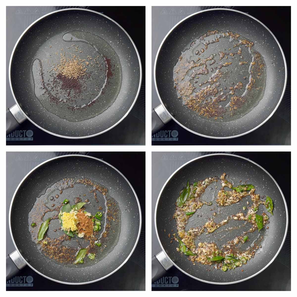 step to saute mustard seeds and ginger and garlic collage