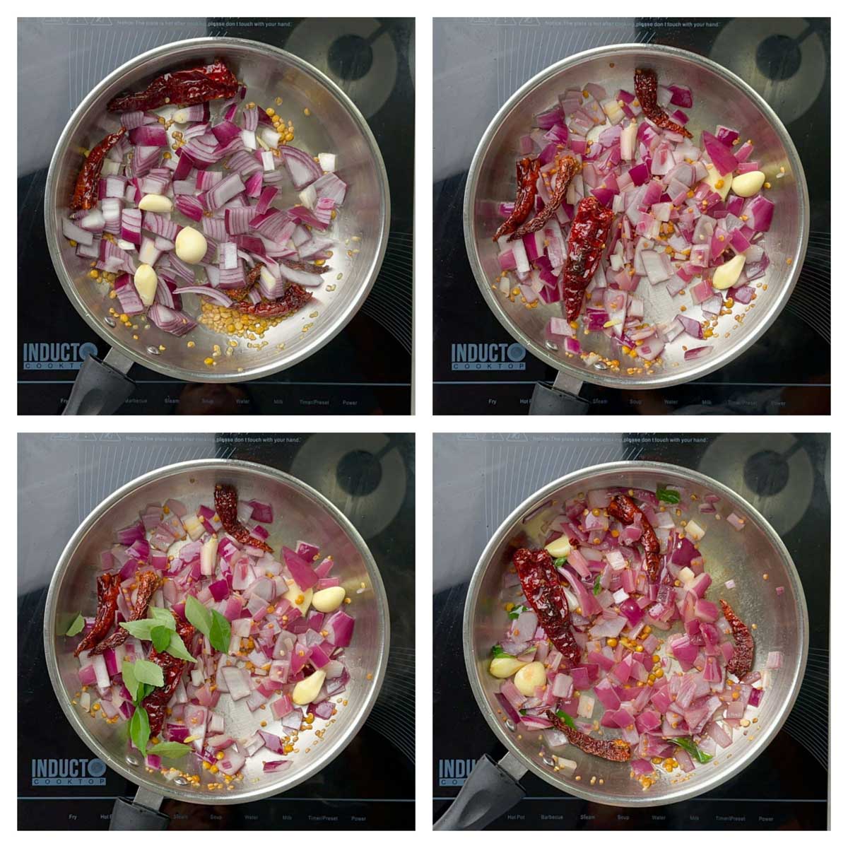 step to saute onions and curry leaves collage